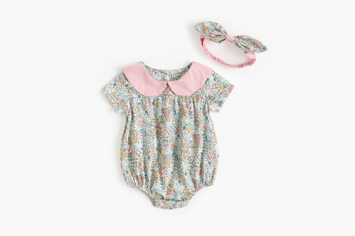 Baby Kid Girls Flower Print Rompers Headwear