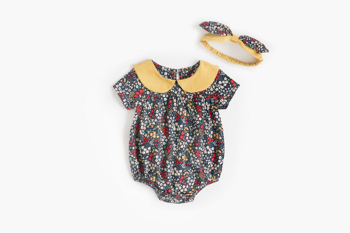 Baby Kid Girls Flower Print Rompers Headwear