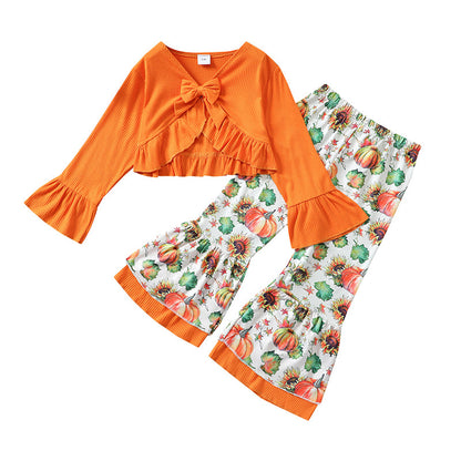 2 Pieces Set Baby Kid Girls Halloween Solid Color Bow Tops And Flower Print Pants Wholesale 220323200