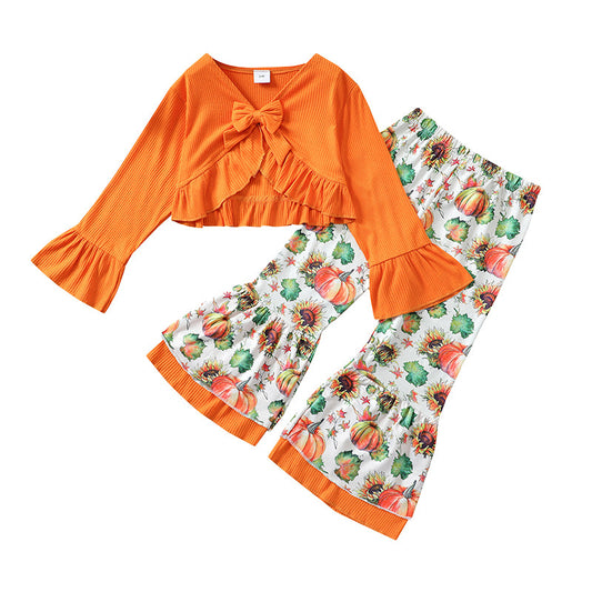 2 Pieces Set Baby Kid Girls Halloween Solid Color Bow Tops And Flower Print Pants Wholesale 220323200