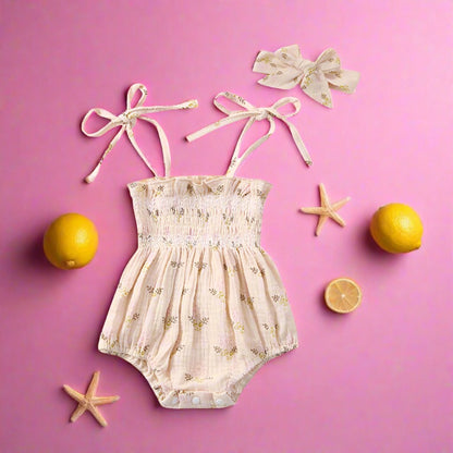 Baby Girls Flower Bow Print Rompers Headwear