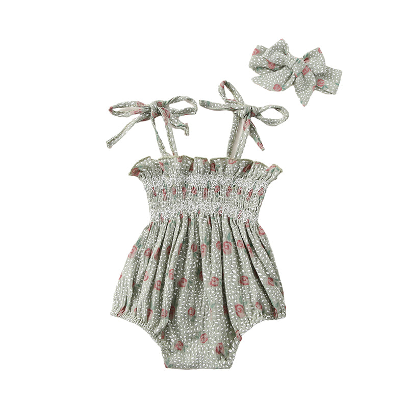 Baby Girls Flower Bow Print Rompers Headwear