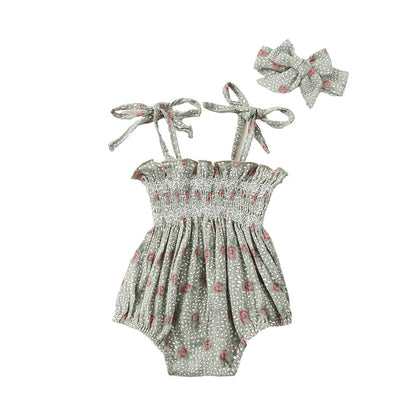 Baby Girls Flower Bow Print Rompers Headwear