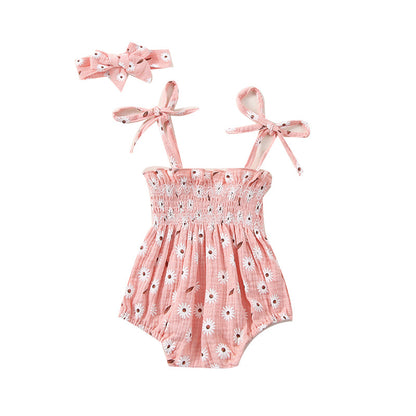 Baby Girls Flower Bow Print Rompers Headwear