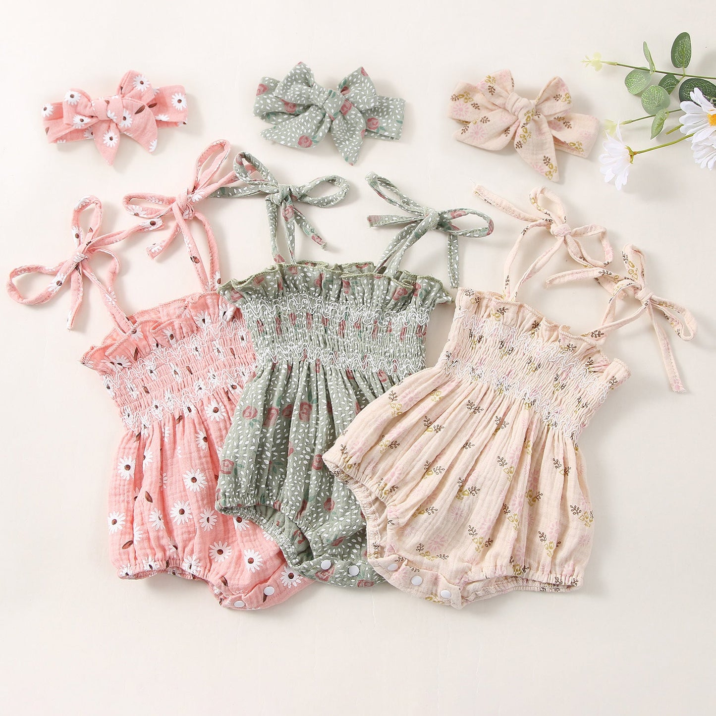 Baby Girls Flower Bow Print Rompers Headwear