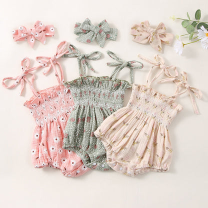 Baby Girls Flower Bow Print Rompers Headwear
