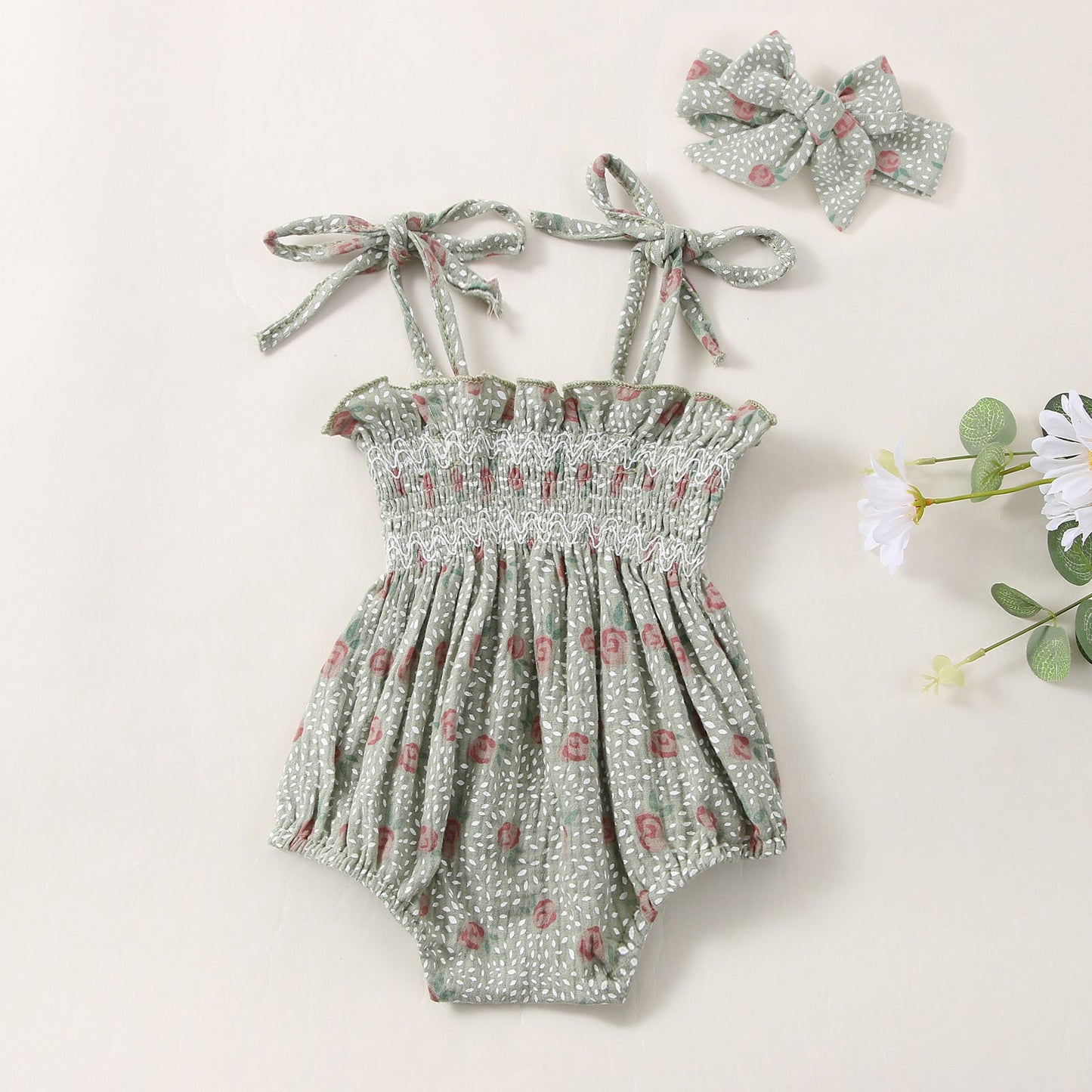 Baby Girls Flower Bow Print Rompers Headwear