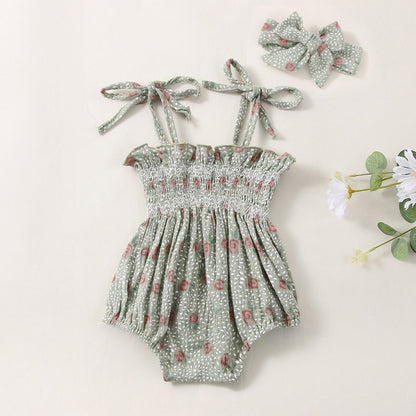 Baby Girls Flower Bow Print Rompers Headwear
