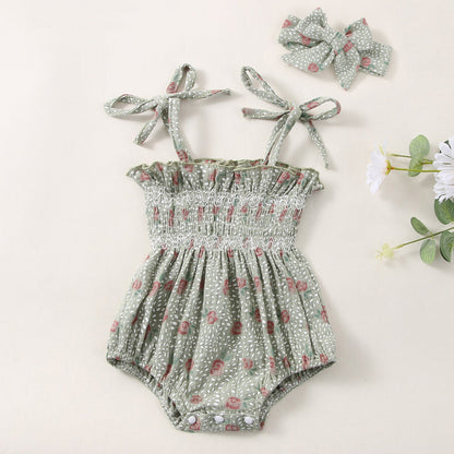 Baby Girls Flower Bow Print Rompers Headwear