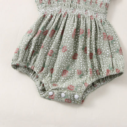 Baby Girls Flower Bow Print Rompers Headwear