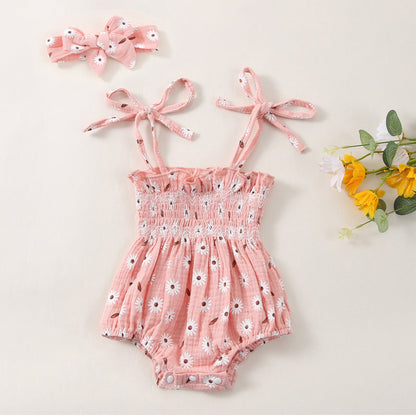 Baby Girls Flower Bow Print Rompers Headwear