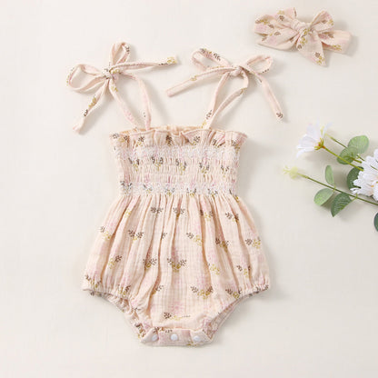 Baby Girls Flower Bow Print Rompers Headwear