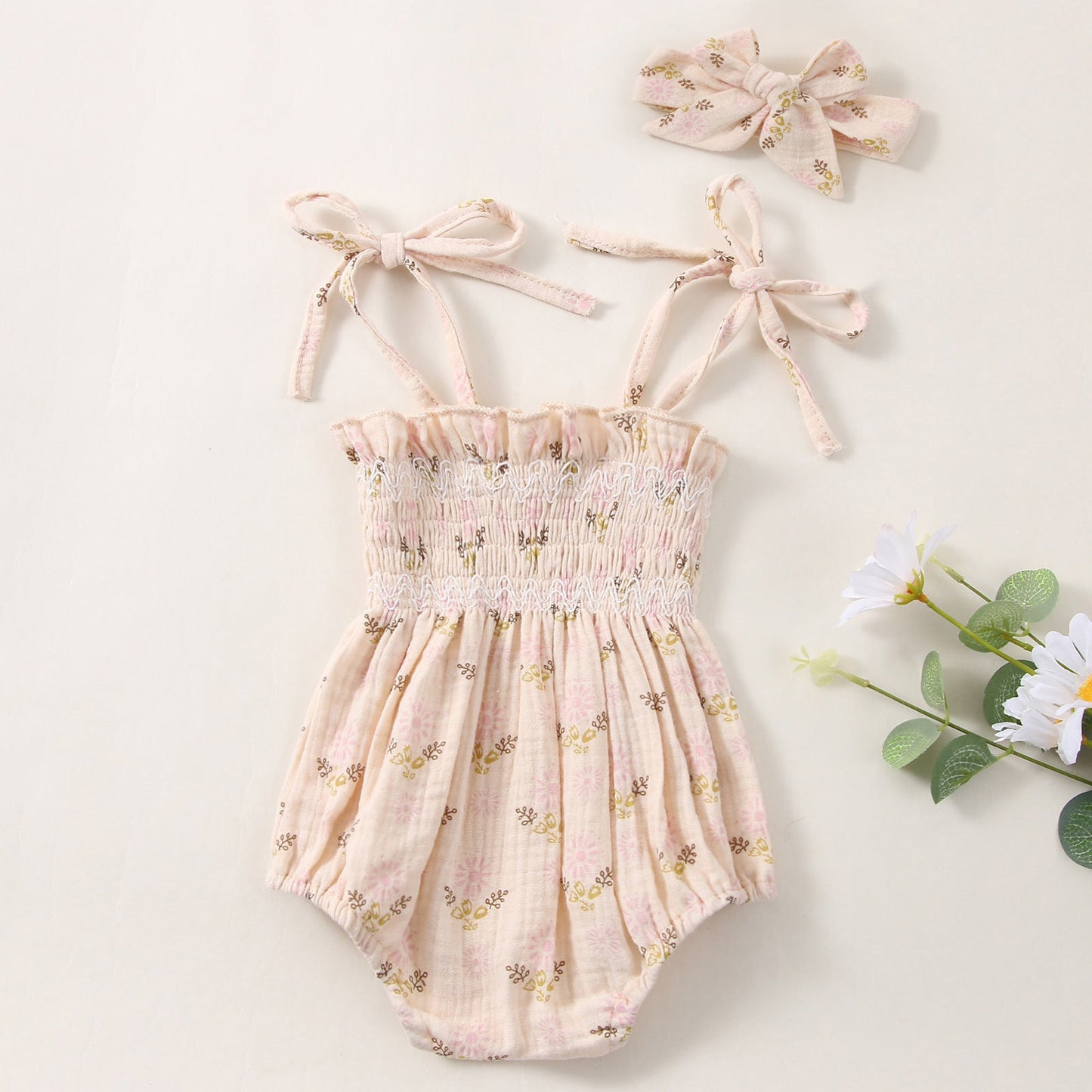 Baby Girls Flower Bow Print Rompers Headwear