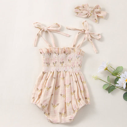Baby Girls Flower Bow Print Rompers Headwear