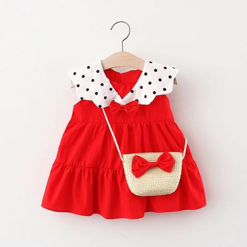 Baby Girls Polka dots Bow Print Dresses And Bag Wholesale