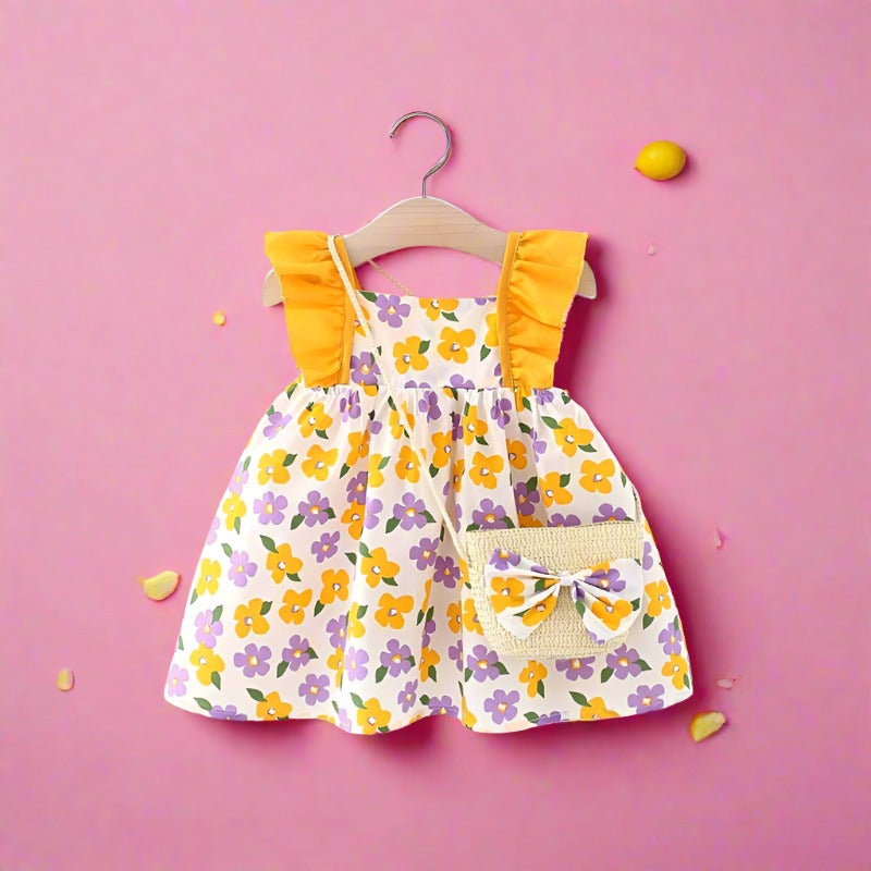 Baby Girls Flower Print Dresses And Bag Wholesale