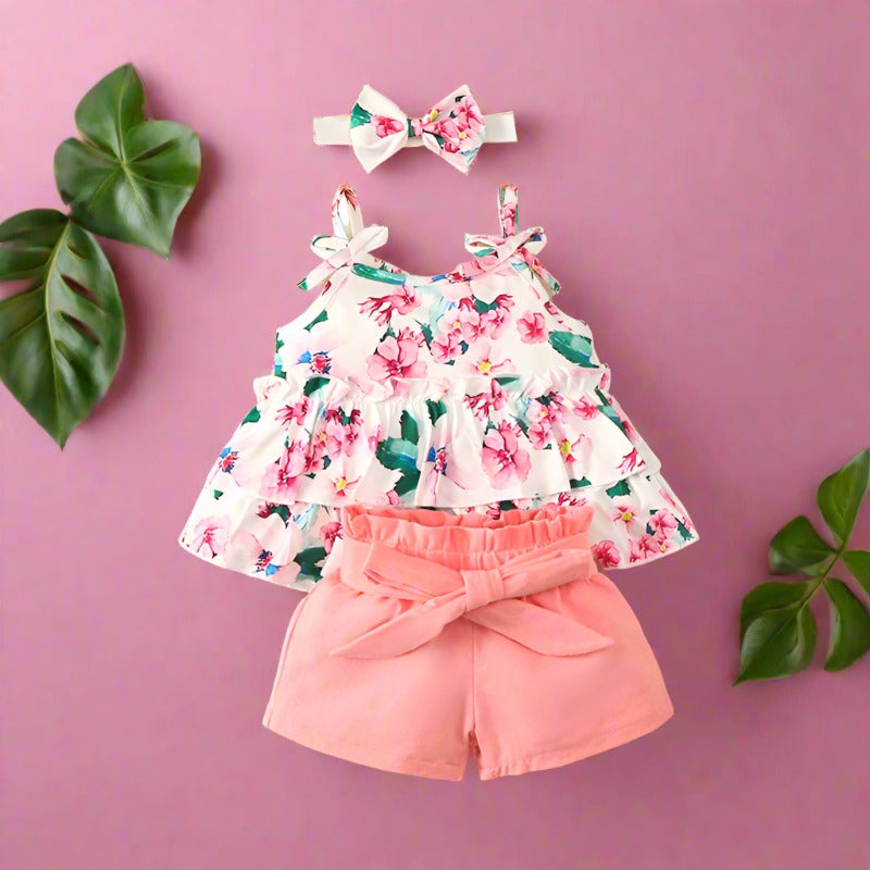 3 Pieces Set Baby Girls Tank Tops Solid Color Shorts And Bow Headwear