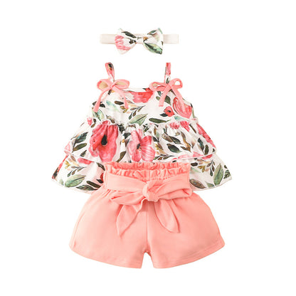 3 Pieces Set Baby Girls Tank Tops Solid Color Shorts And Bow Headwear