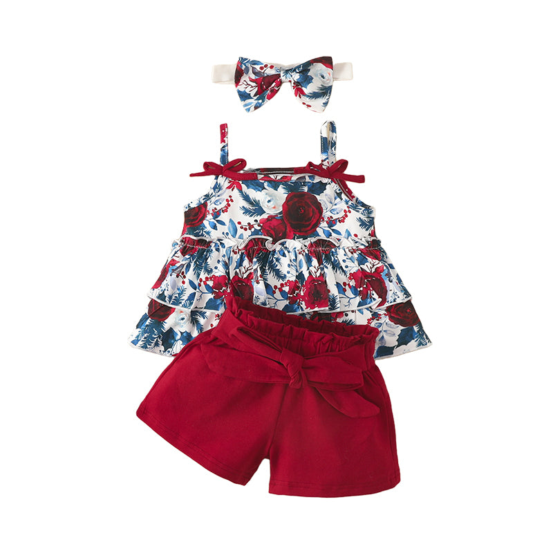 3 Pieces Set Baby Girls Tank Tops Solid Color Shorts And Bow Headwear