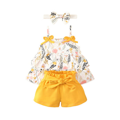 3 Pieces Set Baby Girls Tank Tops Solid Color Shorts And Bow Headwear