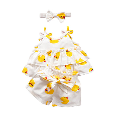3 Pieces Set Baby Girls Tank Tops Solid Color Shorts And Bow Headwear