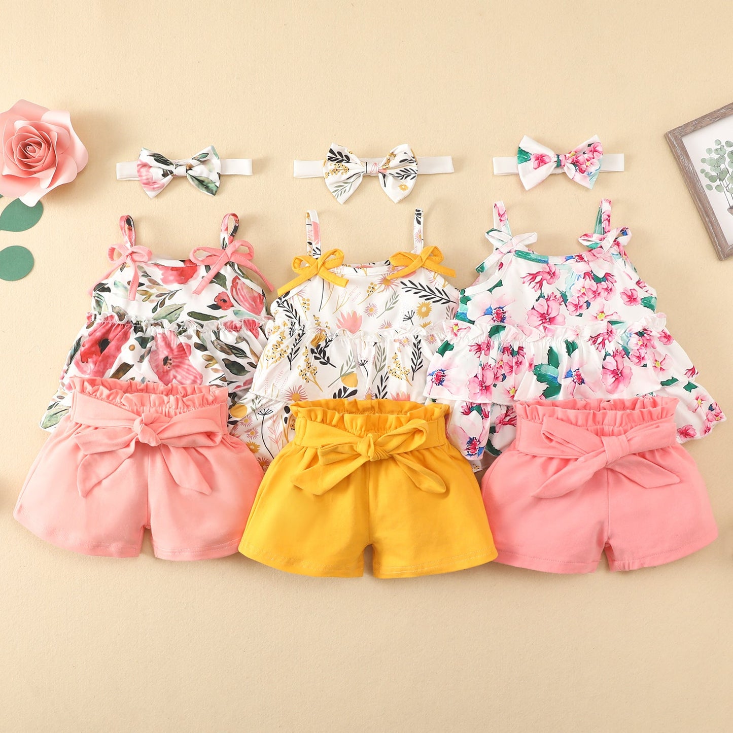 3 Pieces Set Baby Girls Tank Tops Solid Color Shorts And Bow Headwear