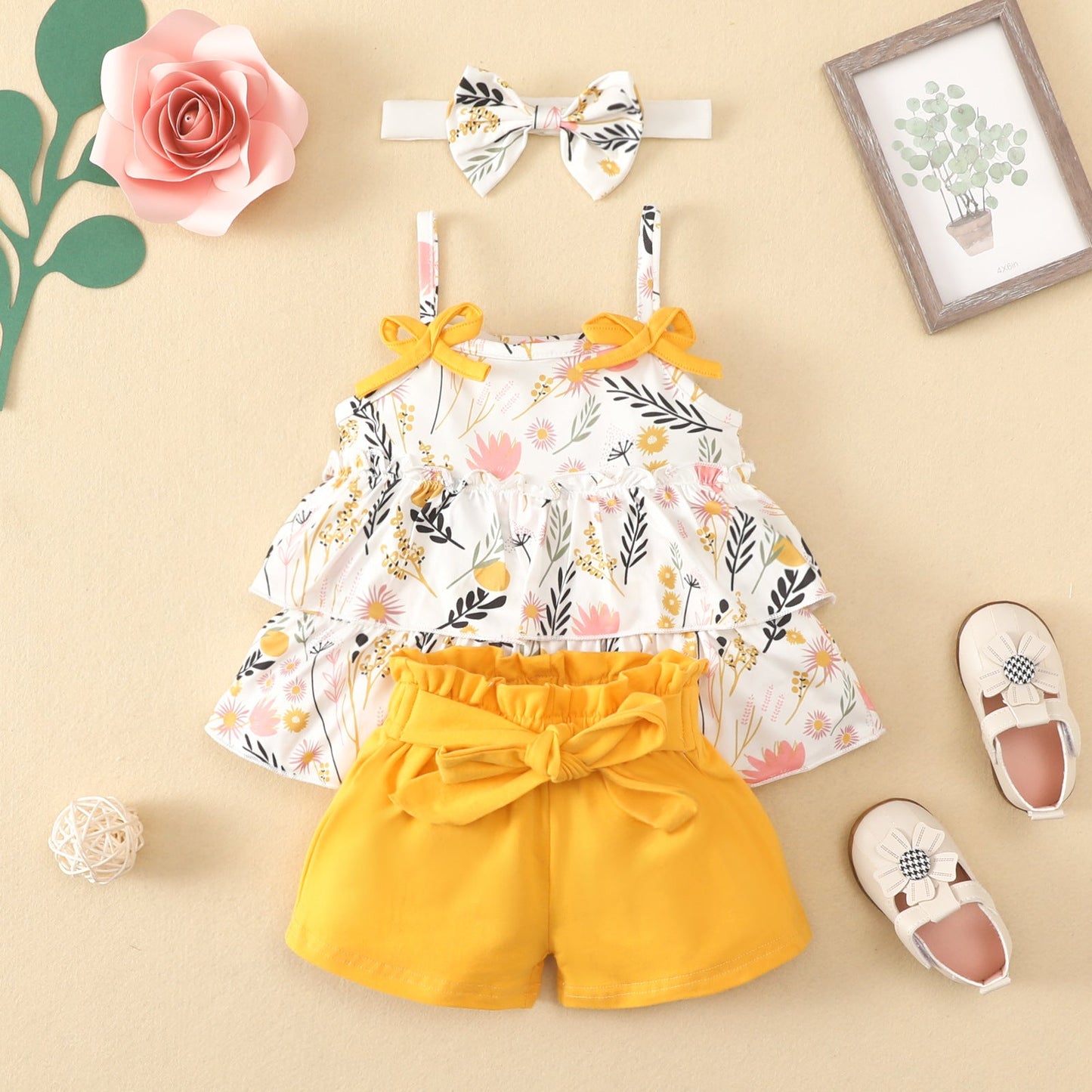 3 Pieces Set Baby Girls Tank Tops Solid Color Shorts And Bow Headwear