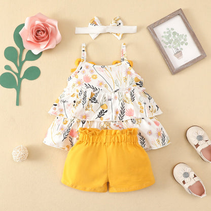 3 Pieces Set Baby Girls Tank Tops Solid Color Shorts And Bow Headwear