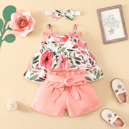 3 Pieces Set Baby Girls Tank Tops Solid Color Shorts And Bow Headwear