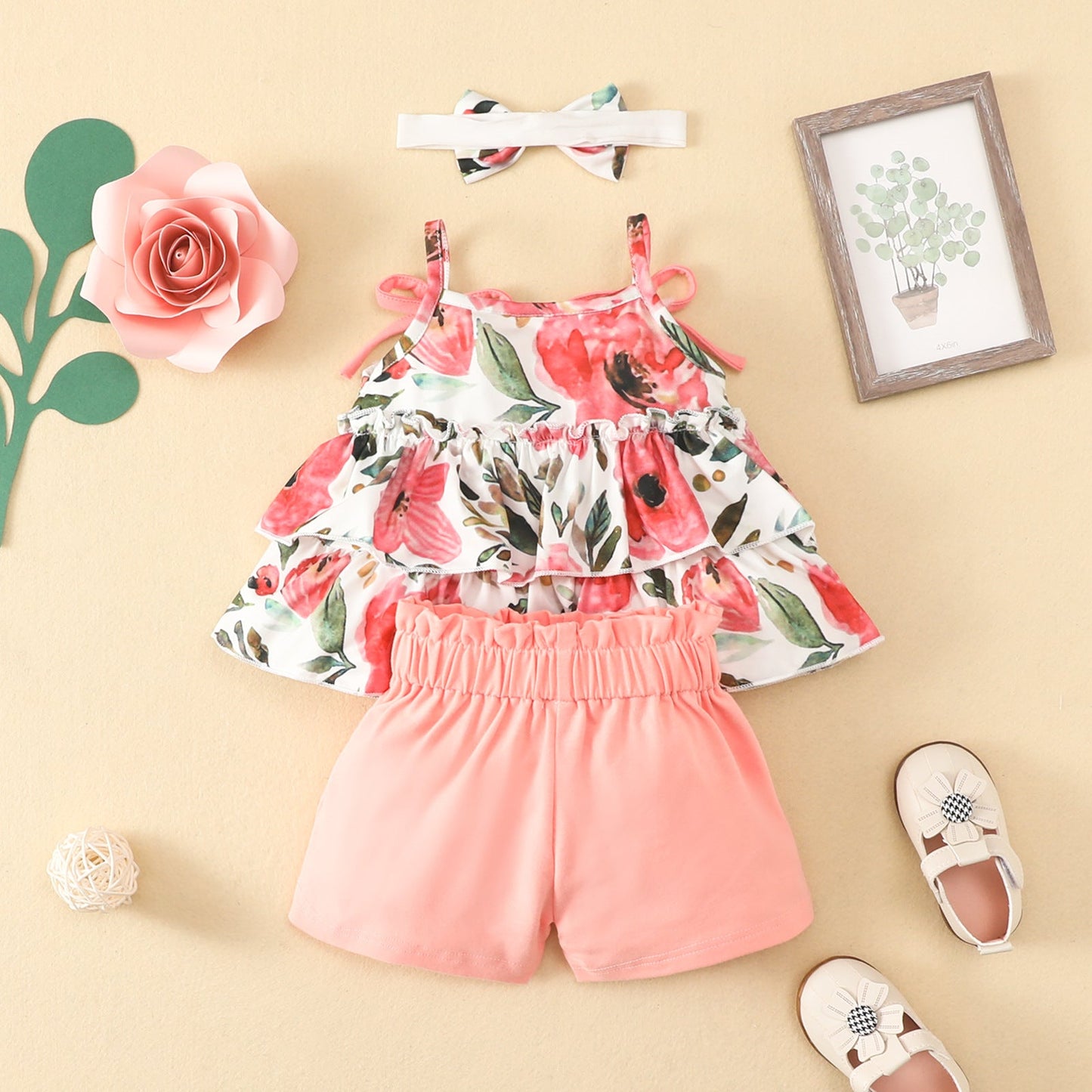 3 Pieces Set Baby Girls Tank Tops Solid Color Shorts And Bow Headwear