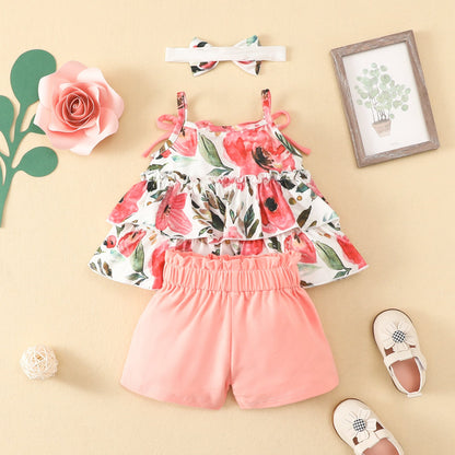 3 Pieces Set Baby Girls Tank Tops Solid Color Shorts And Bow Headwear