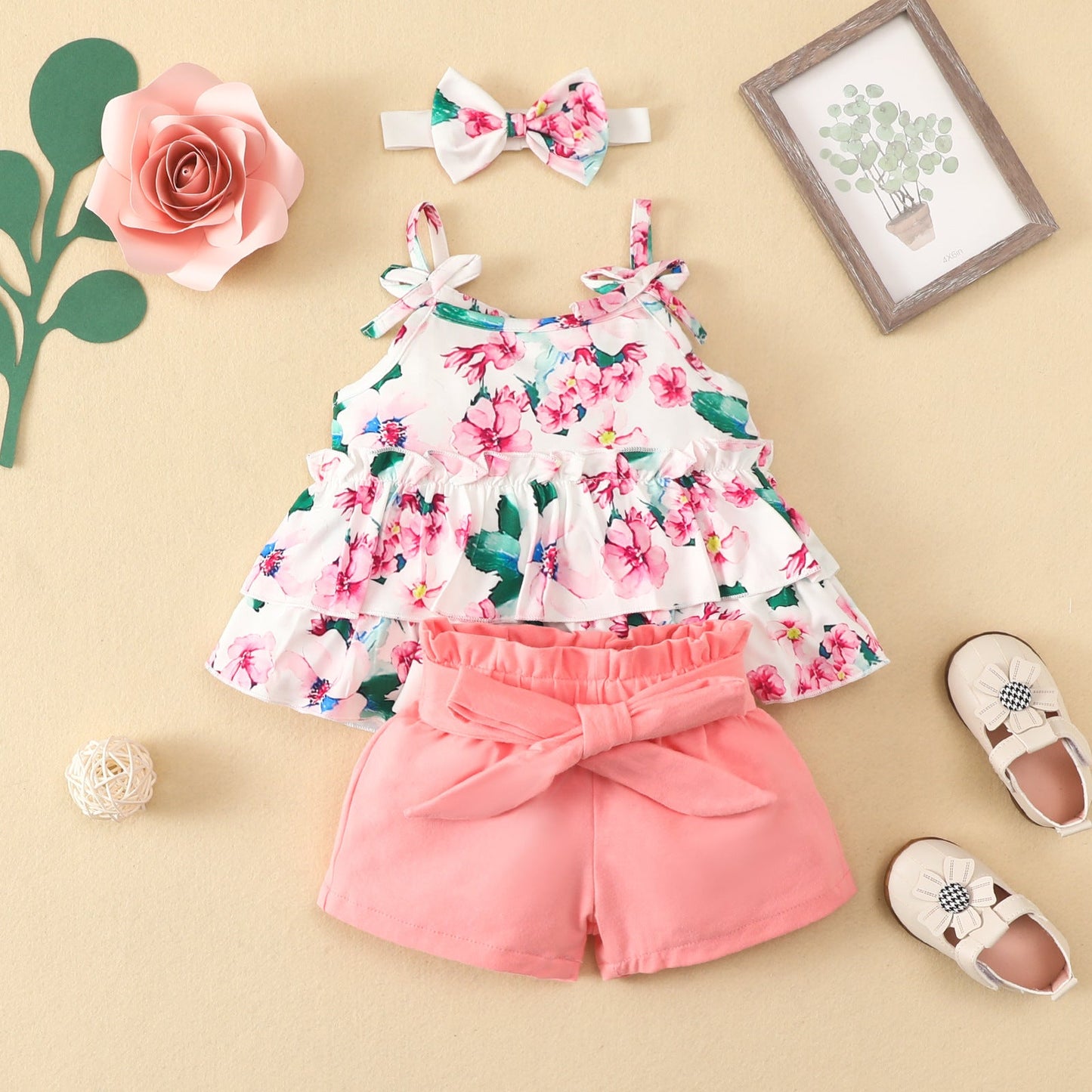 3 Pieces Set Baby Girls Tank Tops Solid Color Shorts And Bow Headwear