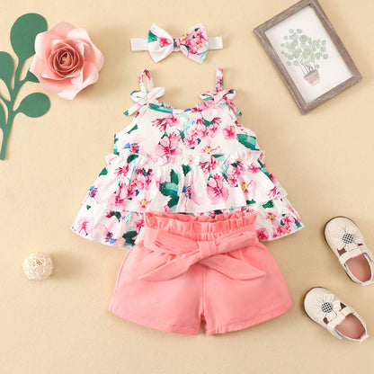 3 Pieces Set Baby Girls Tank Tops Solid Color Shorts And Bow Headwear