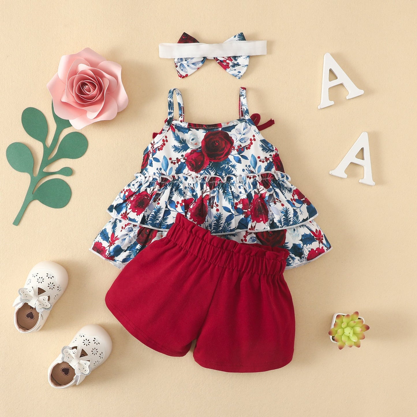 3 Pieces Set Baby Girls Tank Tops Solid Color Shorts And Bow Headwear
