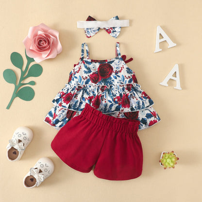 3 Pieces Set Baby Girls Tank Tops Solid Color Shorts And Bow Headwear