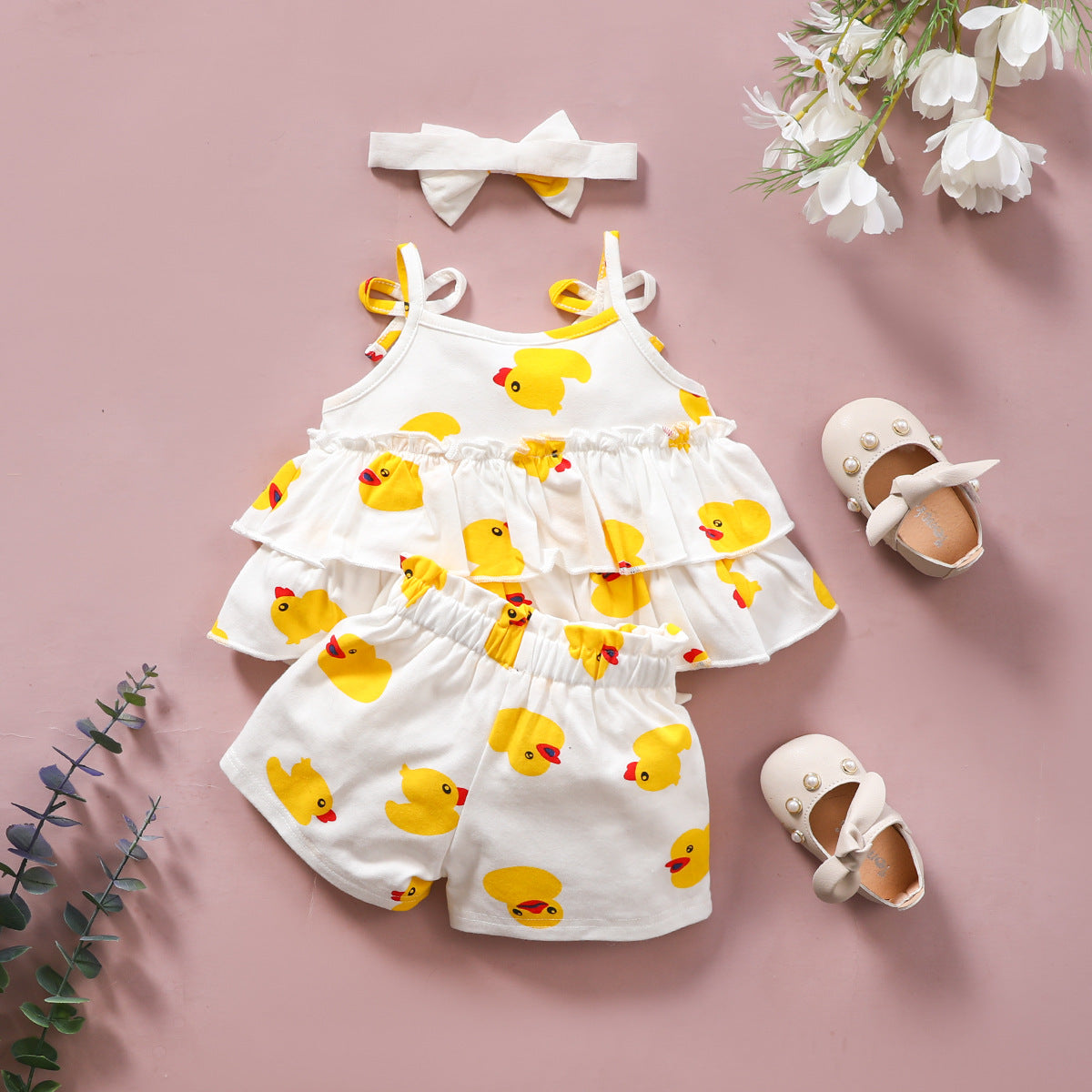 3 Pieces Set Baby Girls Tank Tops Solid Color Shorts And Bow Headwear