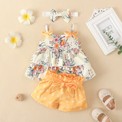3 Pieces Set Baby Girls Tank Tops Solid Color Shorts And Bow Headwear