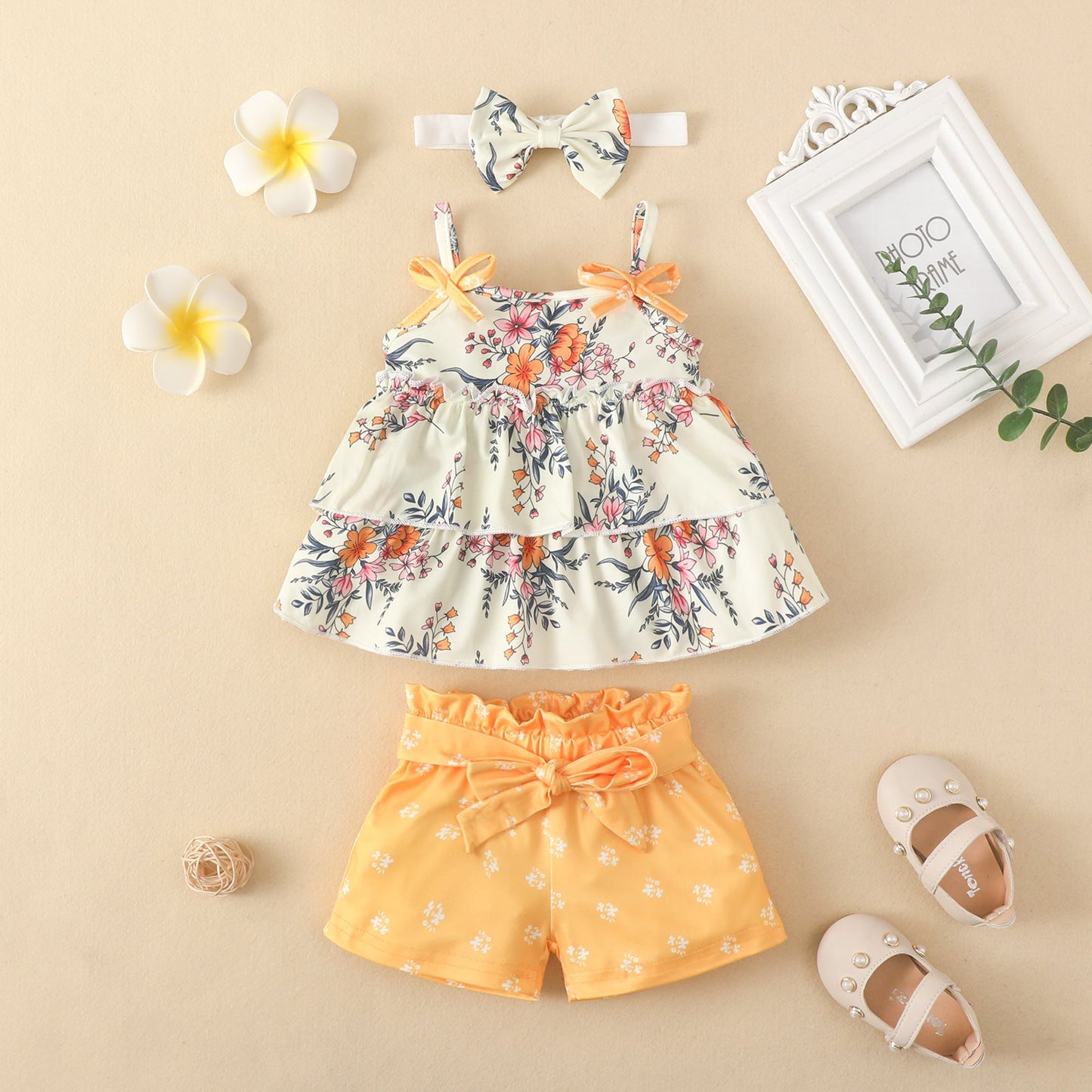 3 Pieces Set Baby Girls Tank Tops Solid Color Shorts And Bow Headwear