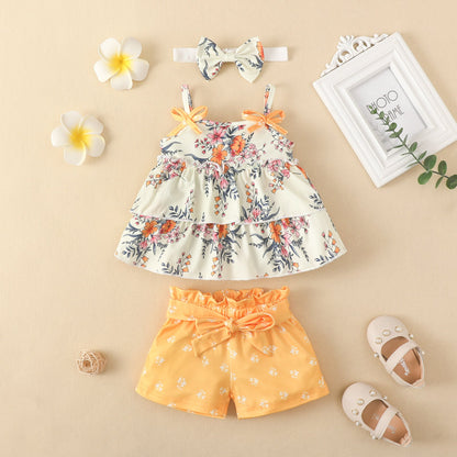 3 Pieces Set Baby Girls Tank Tops Solid Color Shorts And Bow Headwear