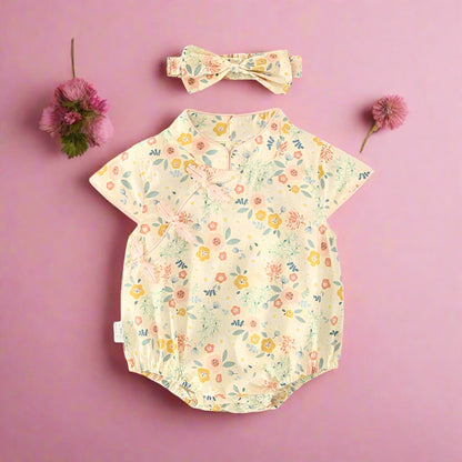 Baby Girls Flower Print Rompers Bow Headwear
