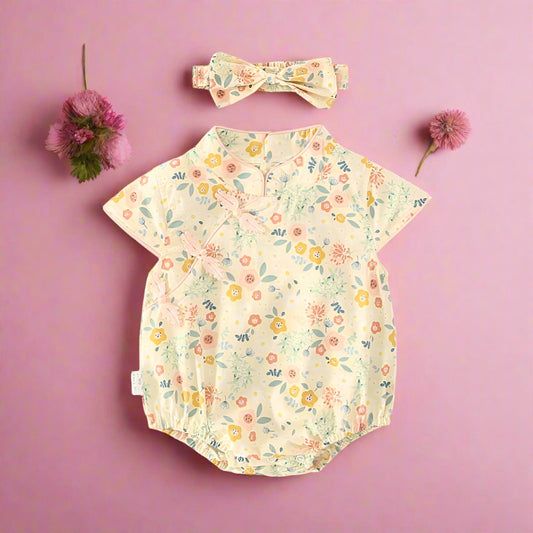 Baby Girls Flower Print Rompers Bow Headwear