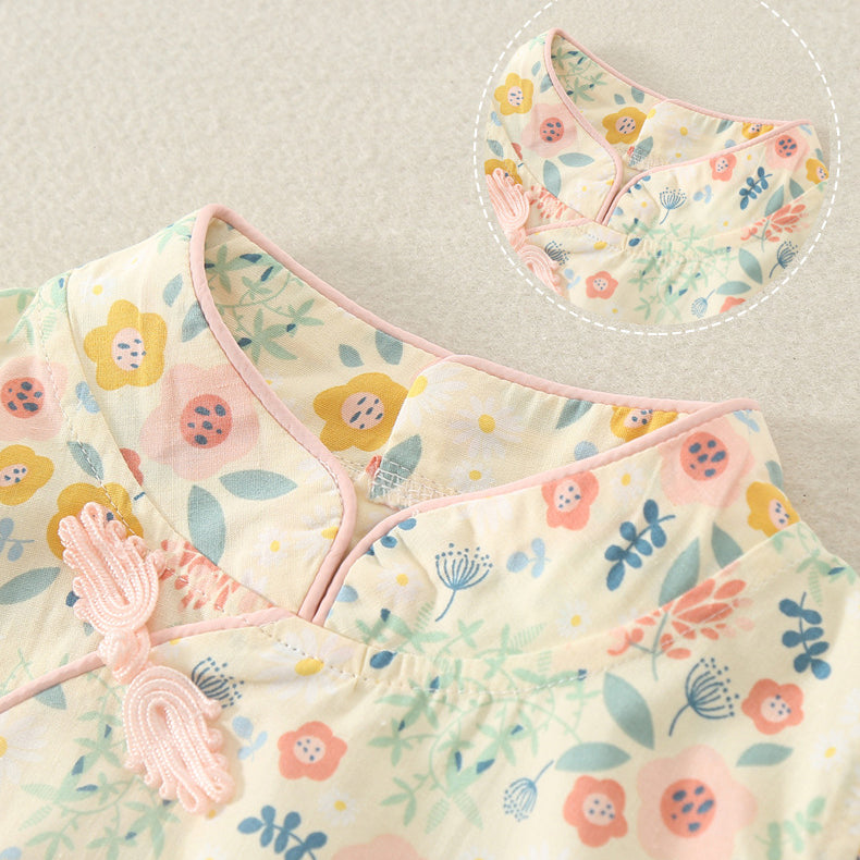 Baby Girls Flower Print Rompers Bow Headwear