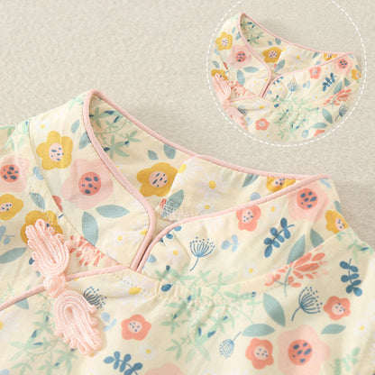 Baby Girls Flower Print Rompers Bow Headwear