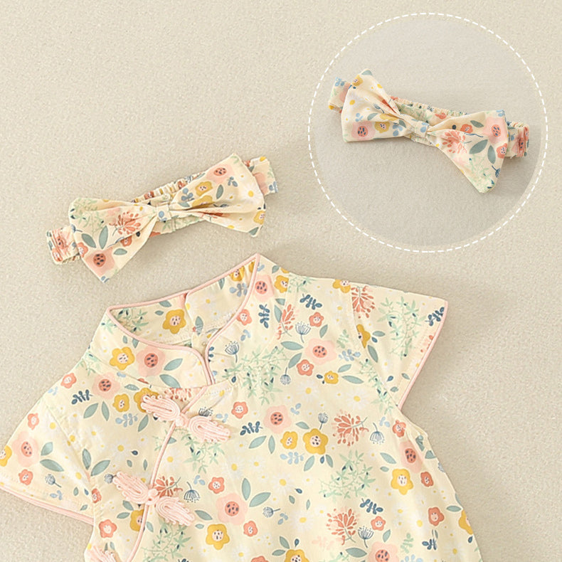 Baby Girls Flower Print Rompers Bow Headwear