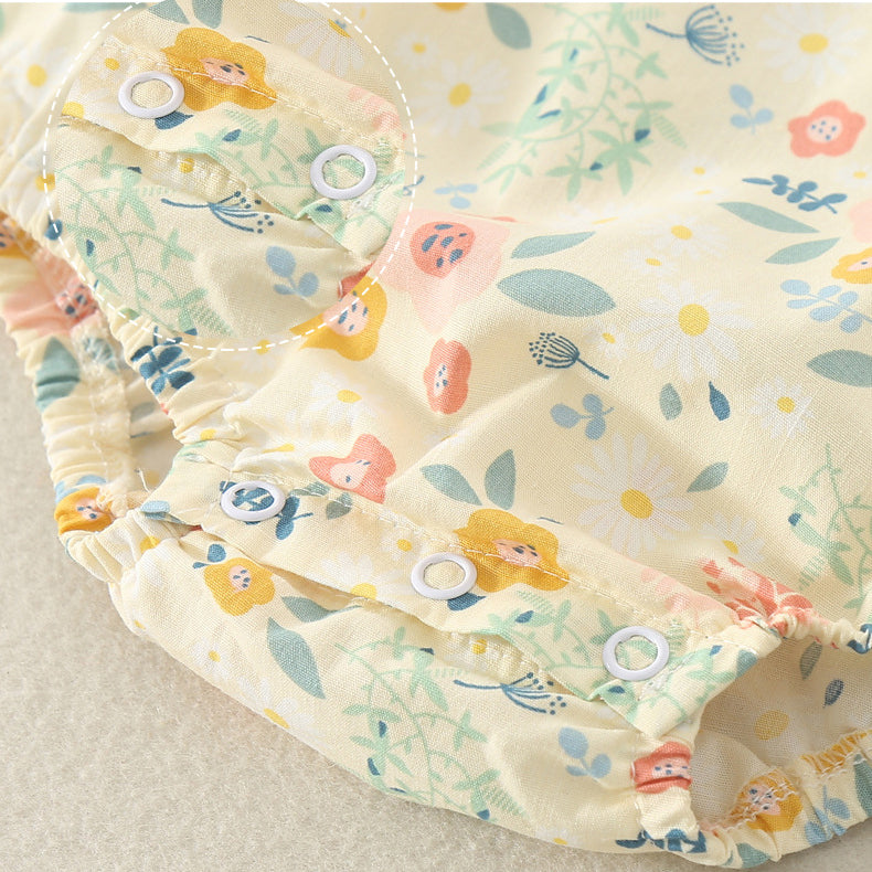 Baby Girls Flower Print Rompers Bow Headwear