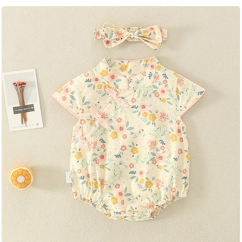 Baby Girls Flower Print Rompers Bow Headwear