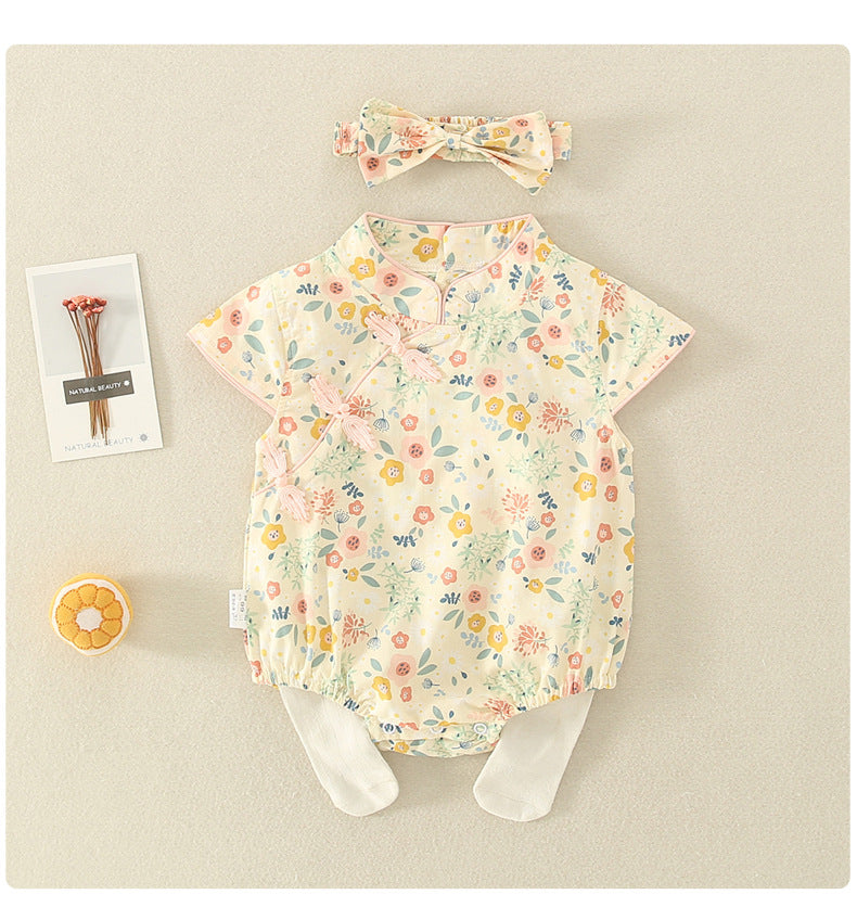 Baby Girls Flower Print Rompers Bow Headwear