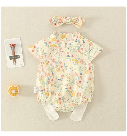 Baby Girls Flower Print Rompers Bow Headwear