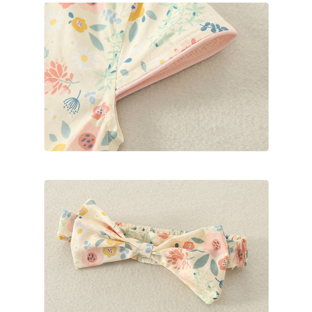 Baby Girls Flower Print Rompers Bow Headwear