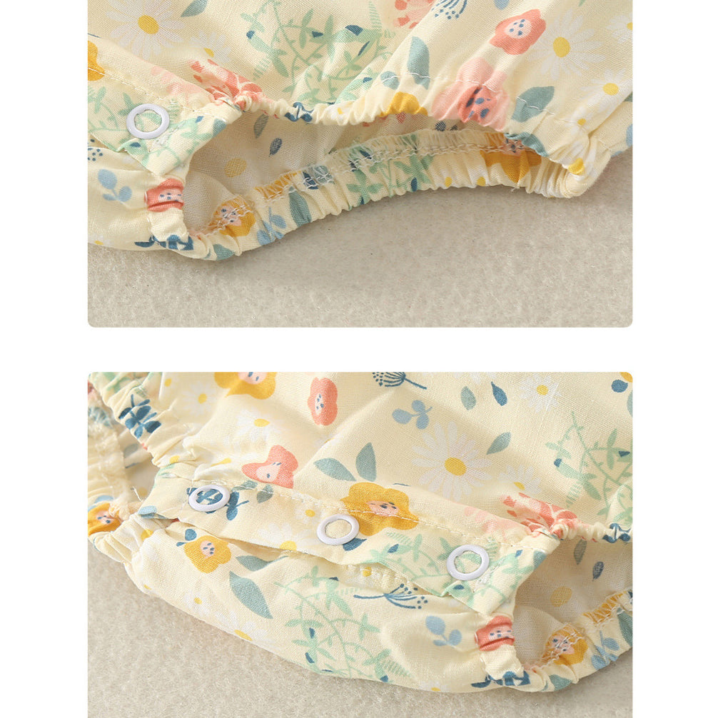 Baby Girls Flower Print Rompers Bow Headwear